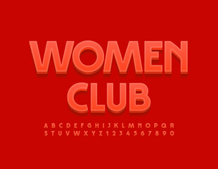 Vector modern emblem Women Club. Trendy Red 3D Font. Artistic Alphabet Letters and Numbers set