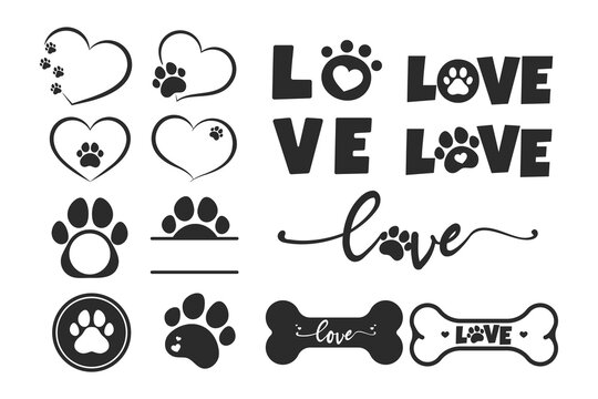 Vector design loves dogs. Heart, bone and floating dog feet for pet supplies stores.