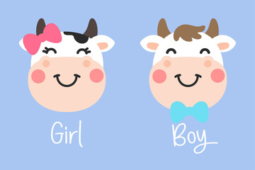 Vector cartoon cute cow face A bull and a female with a bow Separate from the background