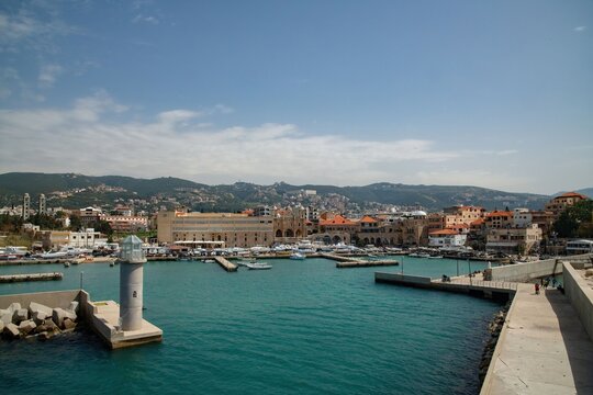 Batroun, Lebanon high angle view at the old harbor with lighthouse tower