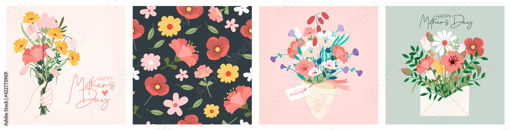 Wall mural Happy Womens Day March 8 Cute cards and posters for the spring holiday. Vector illustration of a date, a women and a bouquet of flowers