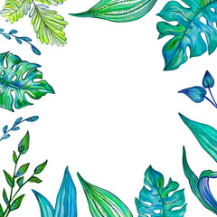 Summer and spring plants with decorative leaves draw acrylic colors. Monstera stylized leaf. Space for your text. Leaf frame, mockup.