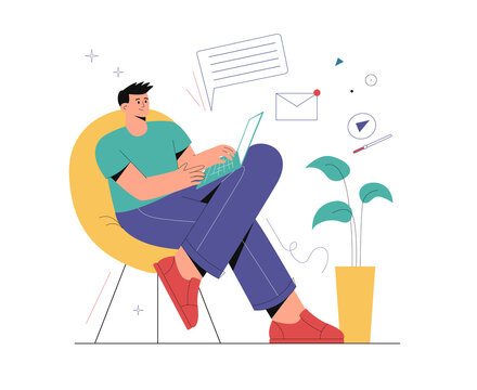 Home office for freelance or student concept. Man working from home. Vector flat cartoon illustration