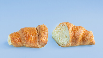 croissant sweet bun on colored background fresh dessert snack healthy meal top view copy space for text food background rustic