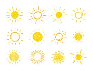 Vector Doodle Sun, Set of Hand Drawn Funny Icons Isolated on White Background, Bright Yellow Color.
