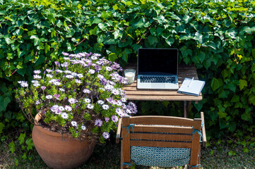 A remote workplace, a laptop, a notebook with a pen and a glass of milk are on a wooden table, nearby is a wooden chair, a large clay pot with a bush of purple flowers, all located in a green garden.