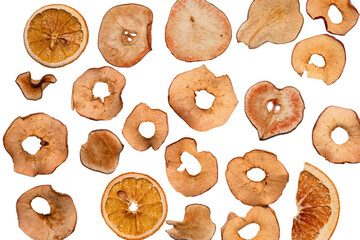 Dried fruit isolated on white background. Dried grapefruit, dried apple, dried pear.