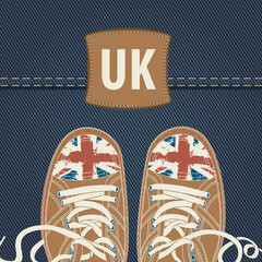 Vector banner with inscription UK on a leather patch and stylized brown shoes or sneakers with British flag colors on a denim background. Suitable for flyer, banner, poster, price tag, label