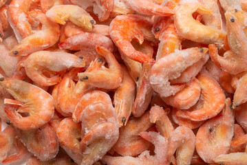 Fresh shrimps in ice. Top view.
