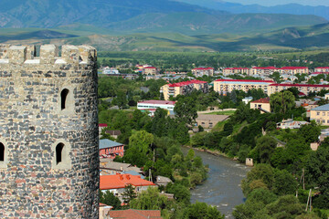 Fototapeta na wymiar View of Akhaltsikhe city center from the tower of Rabati Castle. It was built in 12th century and renovated in 2012.