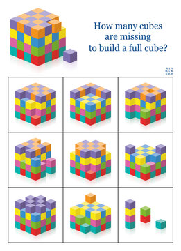 Missing cubes. How many gaps, holes, blanks are there to get a full cube? 3d spatial perception exercise. Colorful counting game with solution. Vector illustration on white.

