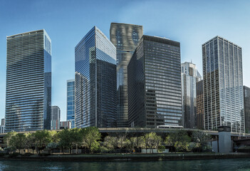 Fototapeta na wymiar Cityscape. View of Chicago River with skyscraper in Chicago, Illinous, USA.