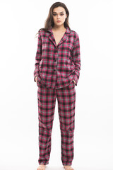 Woman in a warm fleece suit, studio shooting. Casual hoodie