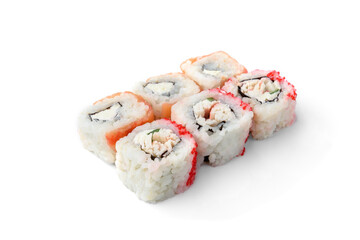 Sushi rolls assortment isolated on white background. Maki california rolls. Japanese food.