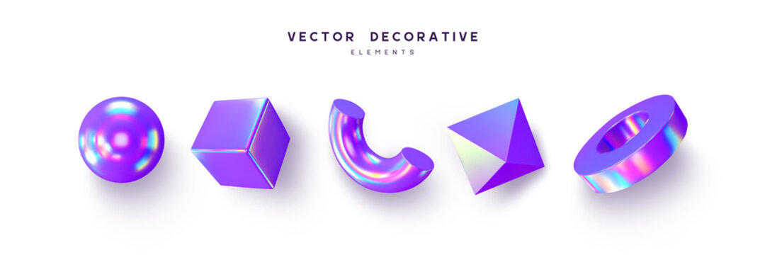 Set of 3d render primitives. Realistic 3d sphere, torus, cone, cube, tube. Glossy holographic geometric shapes isolated on white background. Iridescent trendy design, thin film effect. Vector.