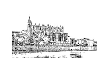 Building view with landmark of Palma is the  city in Spain. Hand drawn sketch illustration in vector. © dhanu3182