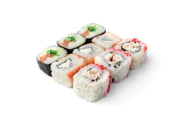 Sushi rolls assortment isolated on white background. Maki california rolls. Japanese food.