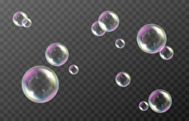 Vector soap bubble. Realistic soap bubble png, glare. Foam bubbles png. Powder, soap, detergent. Vector image.