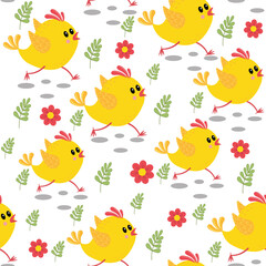 Running chickens pattern with flowers and butterflies