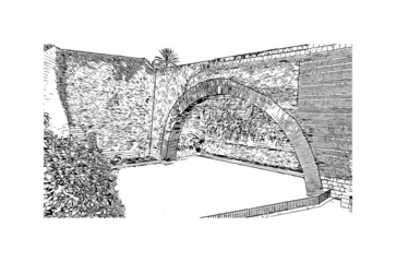 Building view with landmark of Palma is the  city in Spain. Hand drawn sketch illustration in vector. © dhanu3182