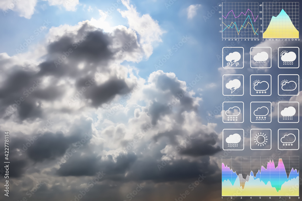 Wall mural weather forecast symbol data presentation with graph and chart on dramatic atmosphere panorama view 