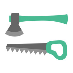 ax and saw, gardening tools set isolated on white background