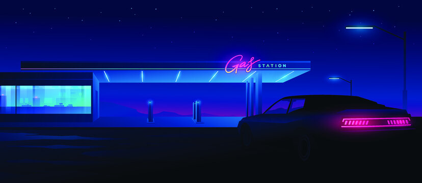 Muscle car at a gas station at night. Night landscape with silhouettes of mountains and sky with stars.