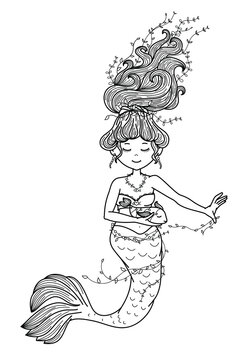 Vector little mermaid with fish. Cartoons for kids  coloring.
