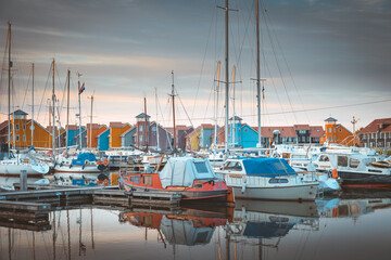Boats and ships in the Reitdiep Harbour in Groningen, the Netherlands