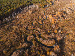 Autumn aerial landscape with river