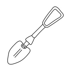 Folding camp shovel.  Hand drawn vector illustration in doodle style on white background. Isolated black outline. Camping equipment.
