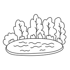 Lake surrounded by forest. Summer landscape. Hand drawn vector illustration in doodle style on white background. Isolated black outline.  Camping, tourism and travelling.