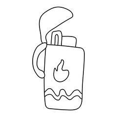 Obraz premium Open lighter decorated with flame. Hand drawn vector illustration in doodle style on white background. Isolated black outline. Camping equipment.