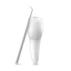 Vector 3d Realistic Tooth and Dental Probe for Teeth Closeup Isolated on White Background. Medical Dentist Tool. Design Template, Clipart, Mockup. Dentistry, Healthcare, Hygiene Concept