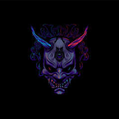 Futurustic Neon Colored Japanese Oni Mask Poster, Tattoo And T-shirt Illustration