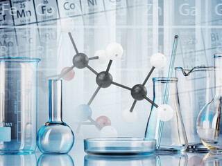 microscope with lab glassware, science laboratory research and development concept