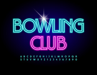Vector neon flyer Bowling Club. Electric light Font. Glowing Alphabet Letters and Numbers set
