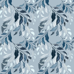 Seamless pattern of watercolor twigs and petals on a blue-gray background.