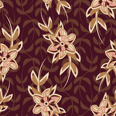Vector pink brown flowers boho seamless pattern 