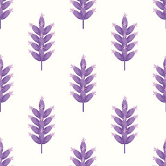 Modern Lavender seamless vector pattern background. Isolated purple graphic blossoms on stems on white backdrop. Botanical herb design. Geometric all over print for health or garden concept
