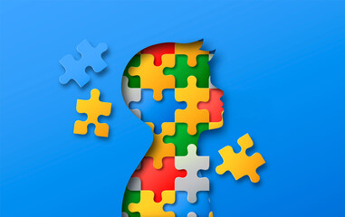 Little boy colorful puzzle head paper cut concept - 422783731