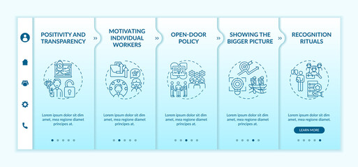 Strategies of staff motivation onboarding vector template. Encouraging employees for better work. Responsive mobile website with icons. Webpage walkthrough step screens. RGB color concept