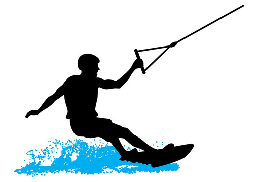 Wakeboarder surfs on water wave / Black silhouette