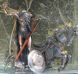 aquarium decoration, ancient statue of a Spartan underwater