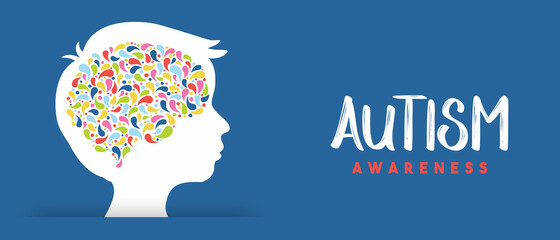 Autism awareness day boy head color brain banner