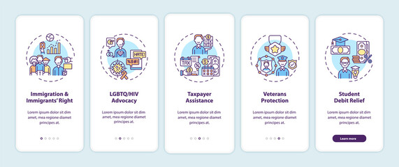Legal services types onboarding mobile app page screen with concepts. Immigration and immigrants walkthrough 5 steps graphic instructions. UI, UX, GUI vector template with linear color illustrations