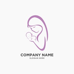 stylish vector symbol of mother and baby, mother embraces her child logo template