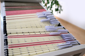 archival metal cabinet with thin files with information in the room, a home archive with folders,...