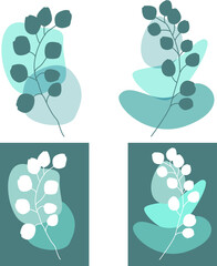 Vector flat design set: eucalyptus branches and simple free forms. Minimalism in blue and gray colors. Isolated on white elements for card, invitation , logo, illustration about nature , medicine