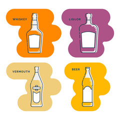 Bottle whiskey liquor vermouth beer line art in flat style. Restaurant alcoholic illustration for celebration design. Art contour element. Beverage outline icon. Isolated on shape background.